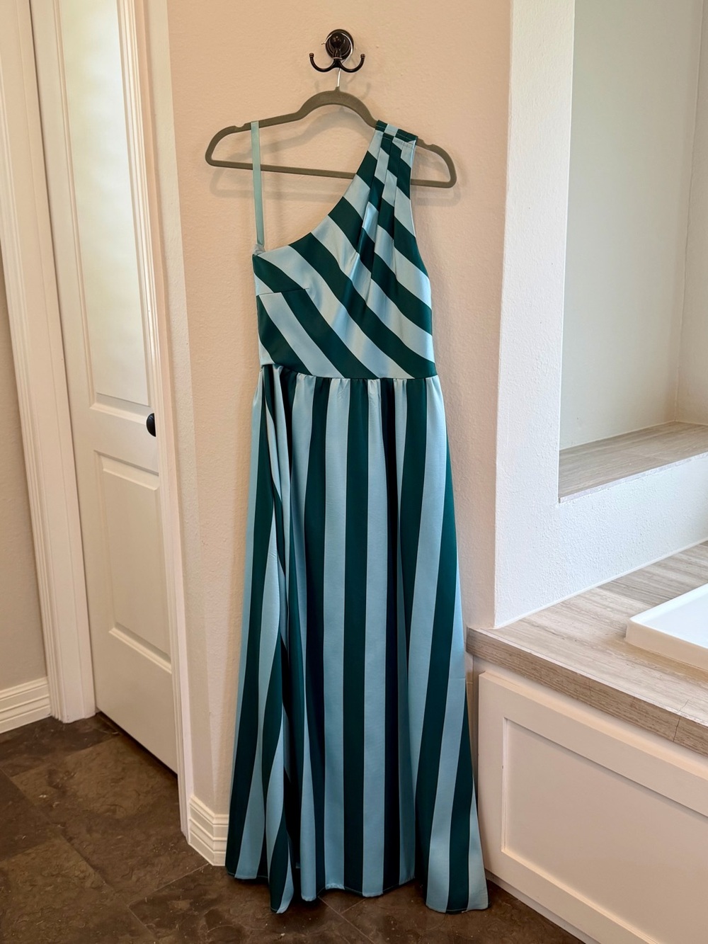Abbey Glass Caroline Gown in Blue Stripe Mikado - Size: S